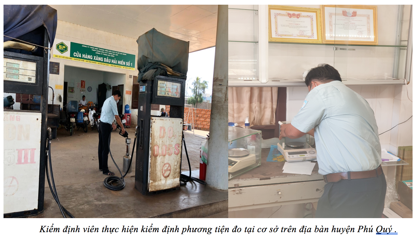Kiểm định viên thực hiện kiểm định cột đo xăng dầu tại huyện đảo Phú Quý